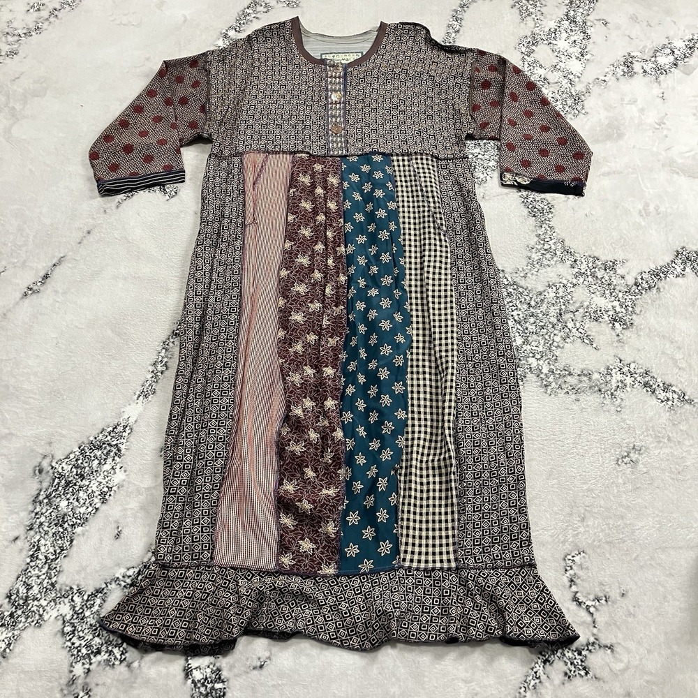 Nothing Matches Patchwork Midi‎ Dress Mixed Print Boho 3/4 Sleeve Womens Size S